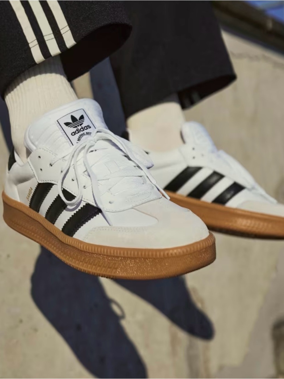 adidas White Sneakers with Black Stripes and Gum Sole